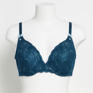 Avenue Body Women's Floral Lace Padded Underwire Bra Blue Bow 42DDD Feminine